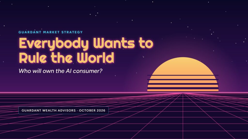 Everybody Wants to Rule the World: Who will own the AI consumer? Retro sunset over a neon grid, Guardant Market Strategy