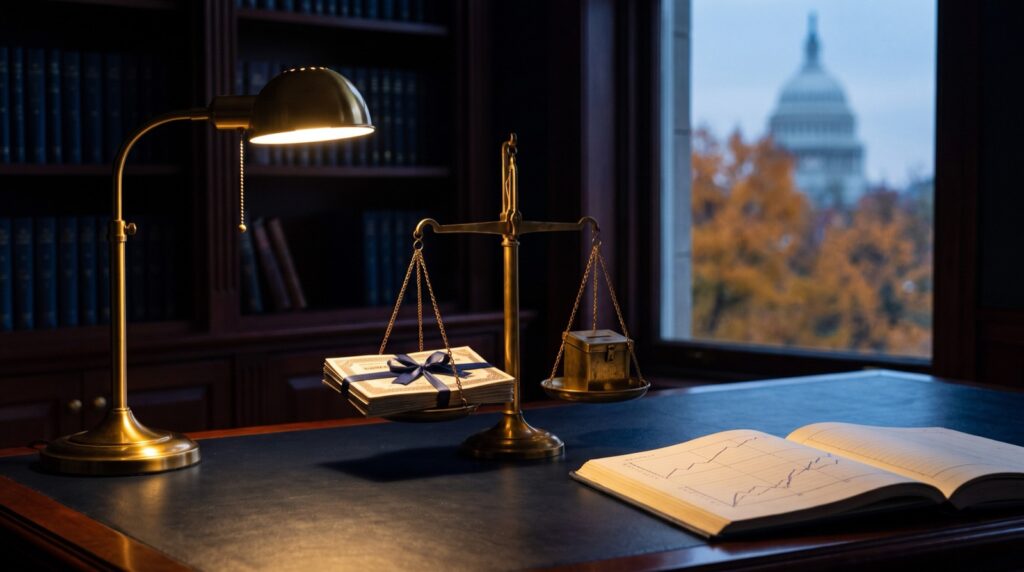 Brass scale on a navy desk balancing ribbon-tied bond certificates against a ballot box, with the Capitol dome and autumn trees beyond the window
