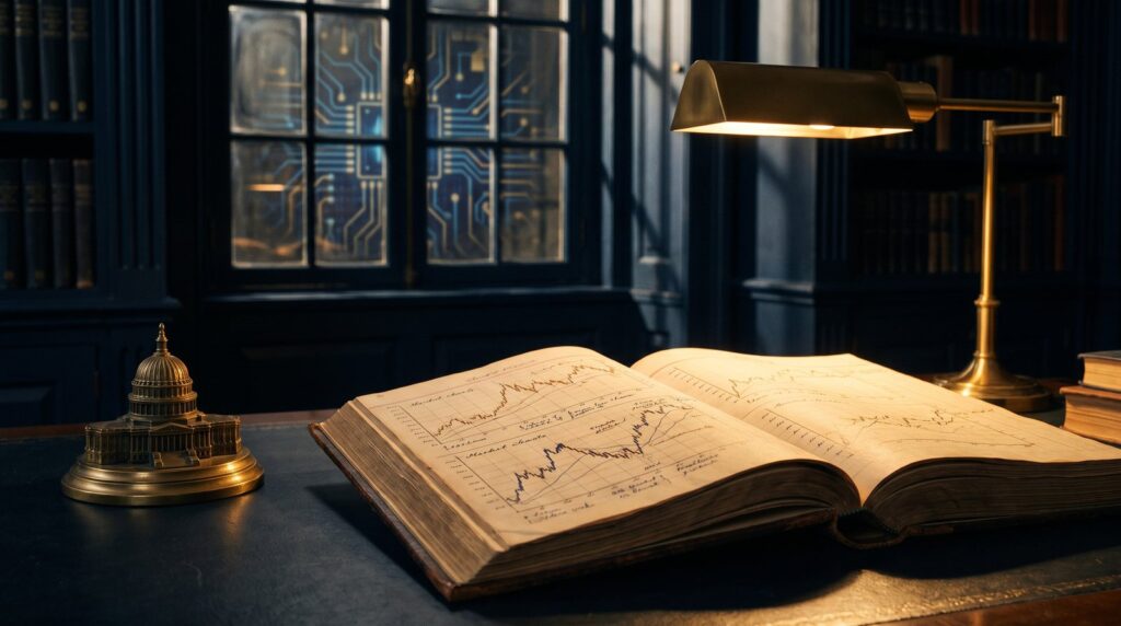 An open ledger of historical market charts on a library desk beside a Capitol-dome paperweight, with circuit patterns reflected in the window