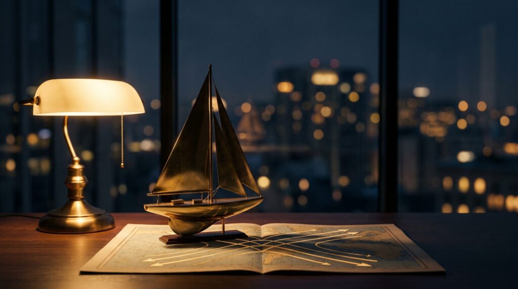 A brass sailboat model resting on a nautical chart marked with crossing current arrows beneath a desk lamp, with a city skyline at night behind it, symbolizing staying on course through market crosscurrents
