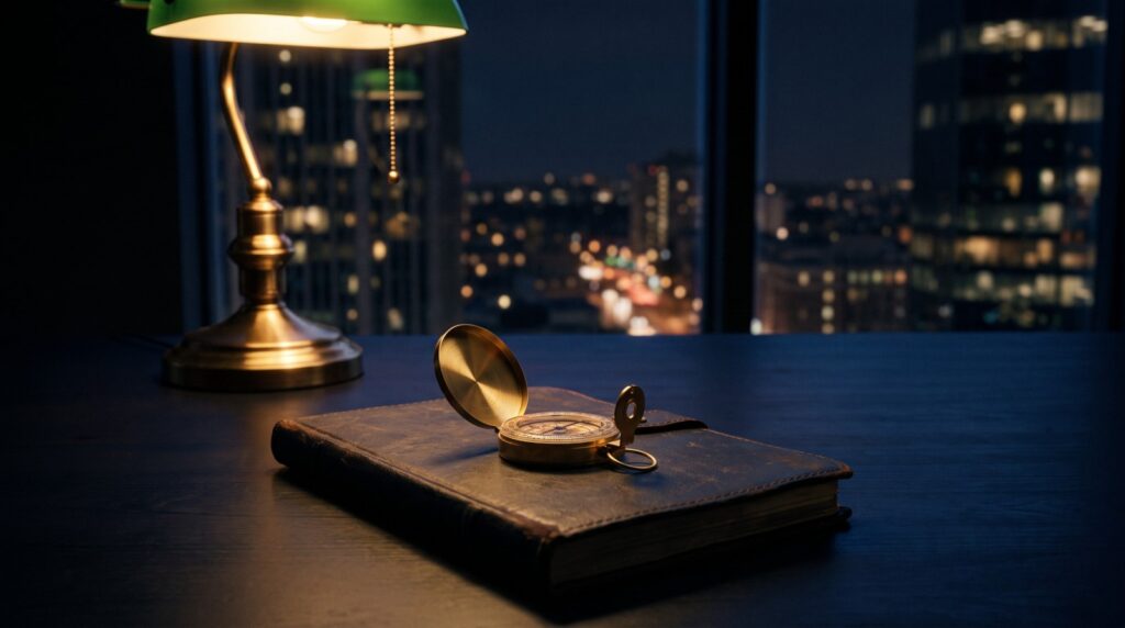 A brass compass resting open on a leather planning ledger beneath a desk lamp, with a city skyline at night behind it, symbolizing staying on course while market signals conflict