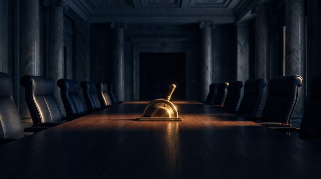 A brass dial turned up one notch on a central-bank boardroom table, symbolizing the Federal Reserve raising interest rates