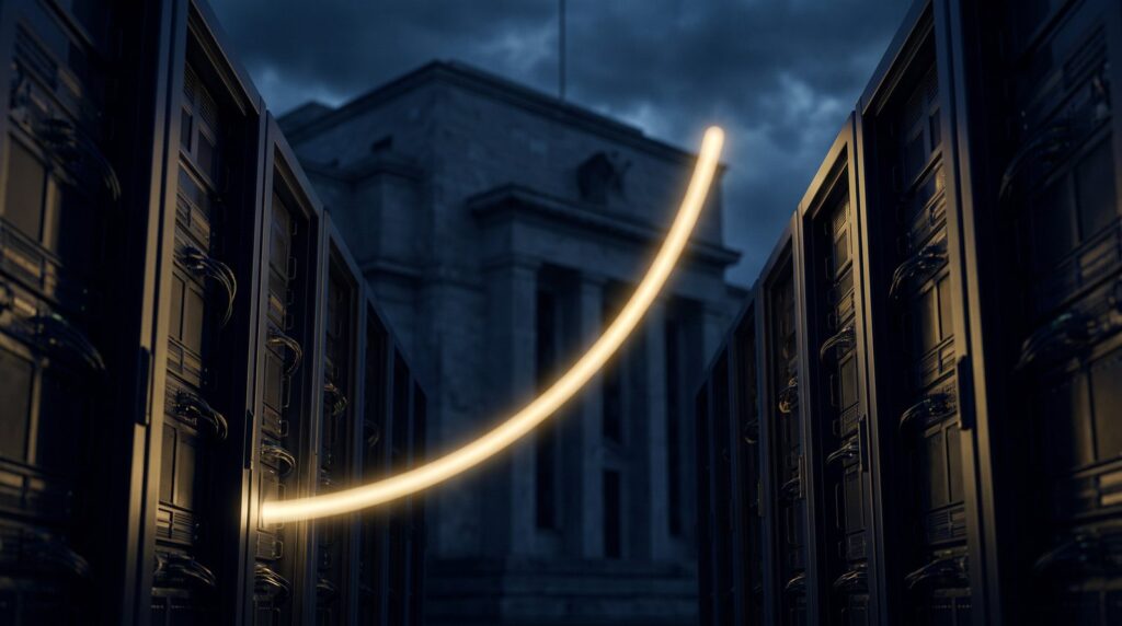 A rising arc of gold light runs through a data-center corridor in front of a stone government building, symbolizing AI-led stocks climbing despite high Treasury yields