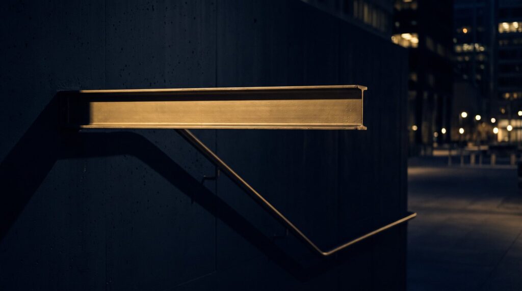 A gold steel beam holds level above a descending stair rail at night, symbolizing long-term Treasury yields staying high as the job market cools
